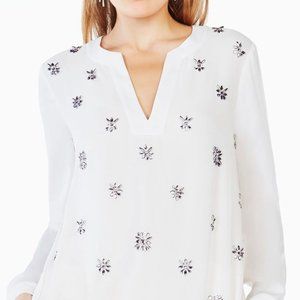 Ann Taylor Blouse White & Crystal V Neck SMALL NEW